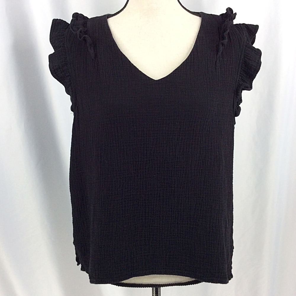 BiBi Muslin Ruffle Sleeve Top Women's Size Large Black Boutique V-Neck Gauze